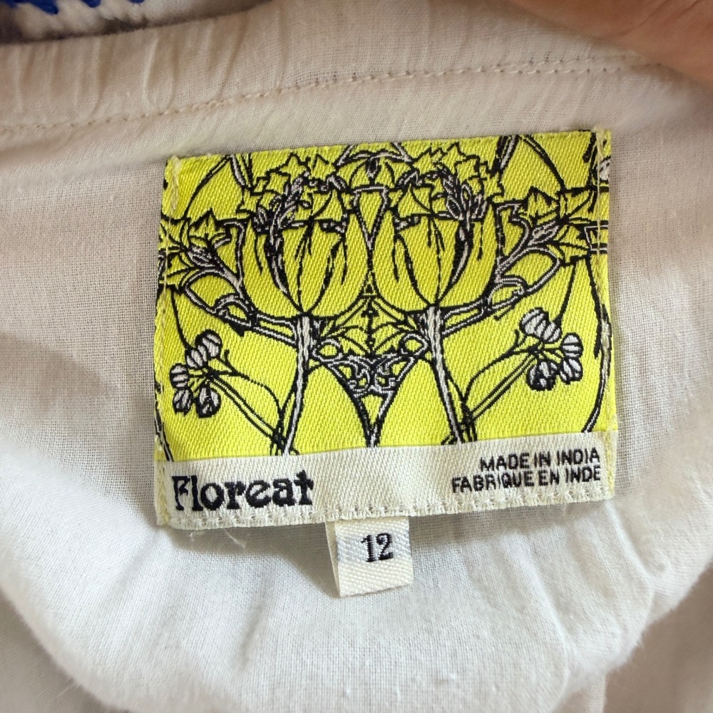 Anthropologie Floreat Cotton Embroidered Ruffle Dress Ivory Blue Floral Size 12 - Picture 9 of 15